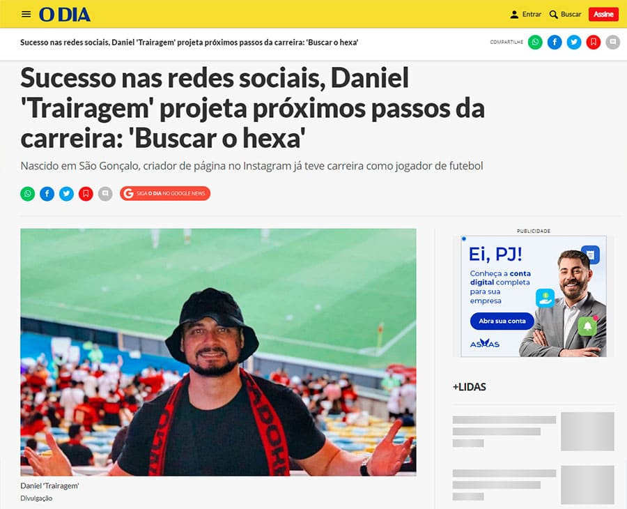 Matéria no portal do Jornal O DIA